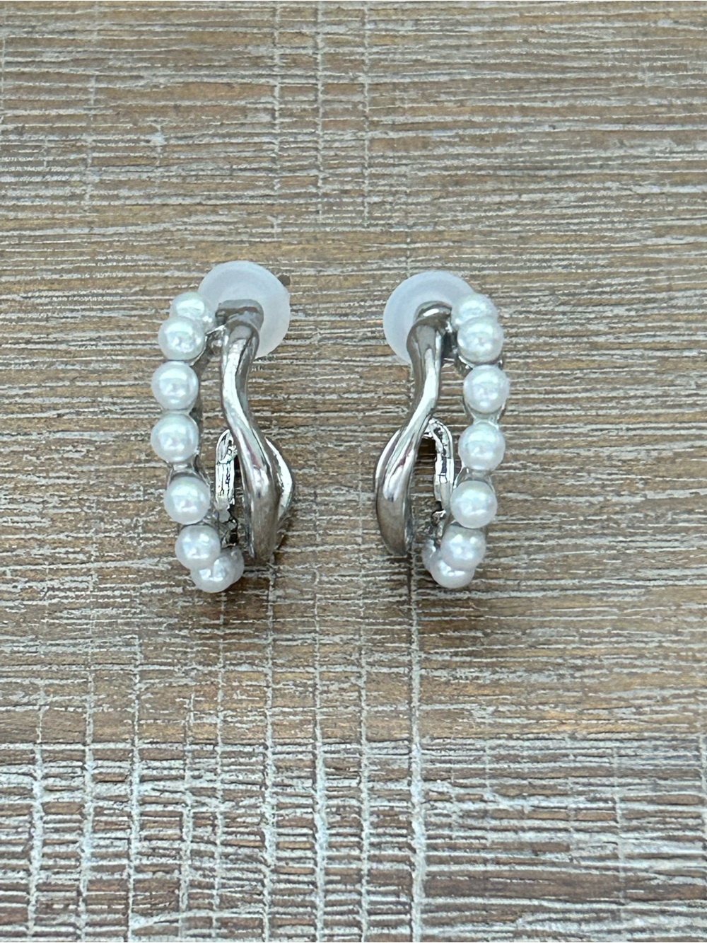 Silver Tone and Faux Pearl Double Hoop Stud Earrings New